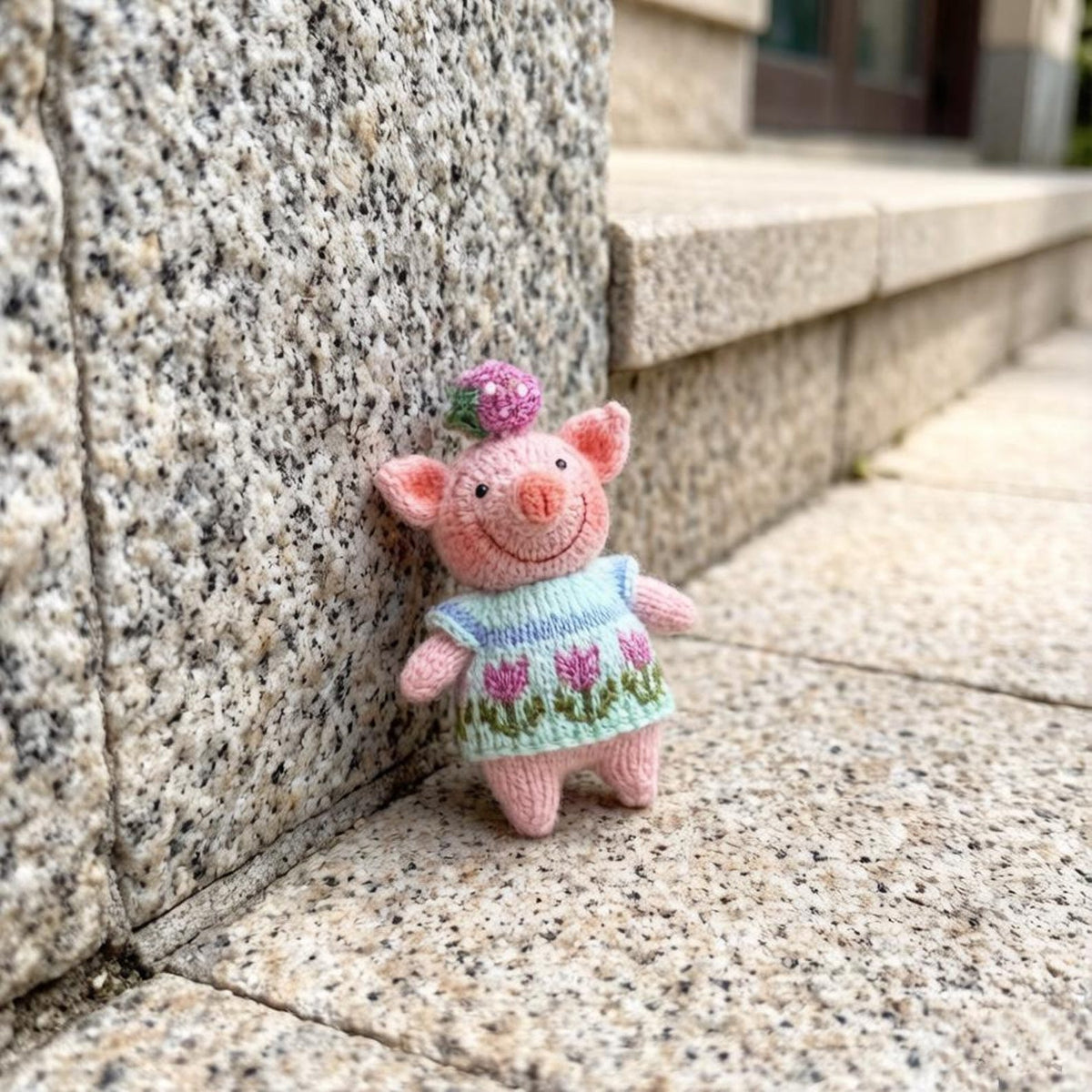 Artisan knit piglet sculpted pieces, yarn crafted statuettes, one-of-a-kind hobbyist souvenirs, household adornments, Yuletide indoor trims