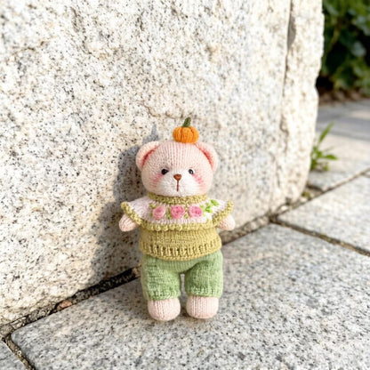 Artisan knit teddy sculpted piece, interior ornamental accent, juvenile companion keepsake, hobbyist collectible figurine Yuletide home trim