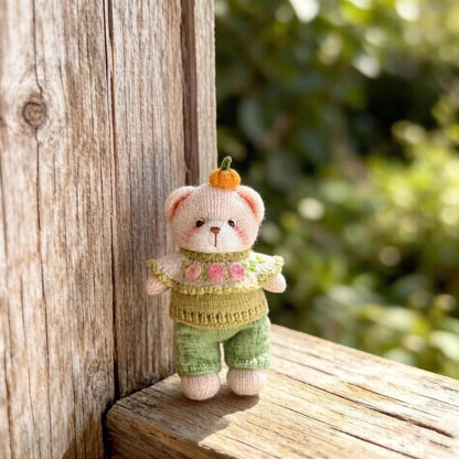 Artisan knit teddy sculpted piece, interior ornamental accent, juvenile companion keepsake, hobbyist collectible figurine Yuletide home trim