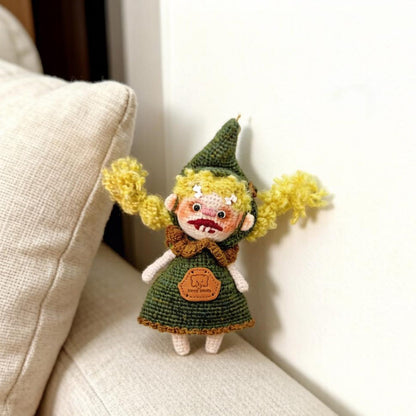 Artisan knit sprite figurines, hobbyist curator treasure, imaginative juvenile token, hanging souvenir, Yuletide display adornment