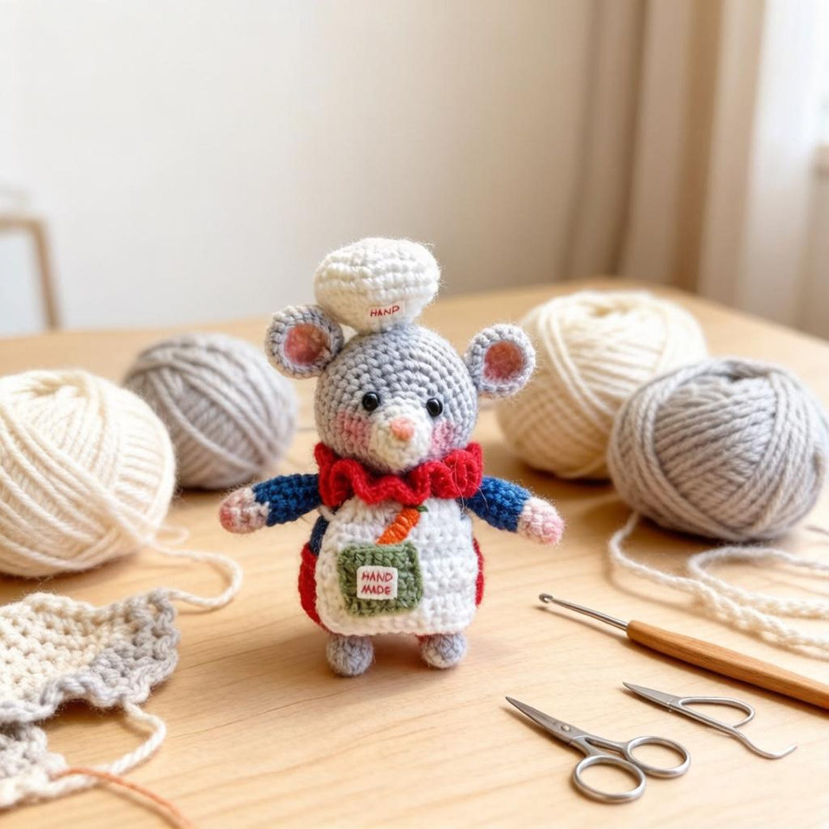 Artisan knit chef rodent sculpted pieces, rucksack hanging trinkets, hobbyist mementos, juvenile souvenirs, Yuletide household accents