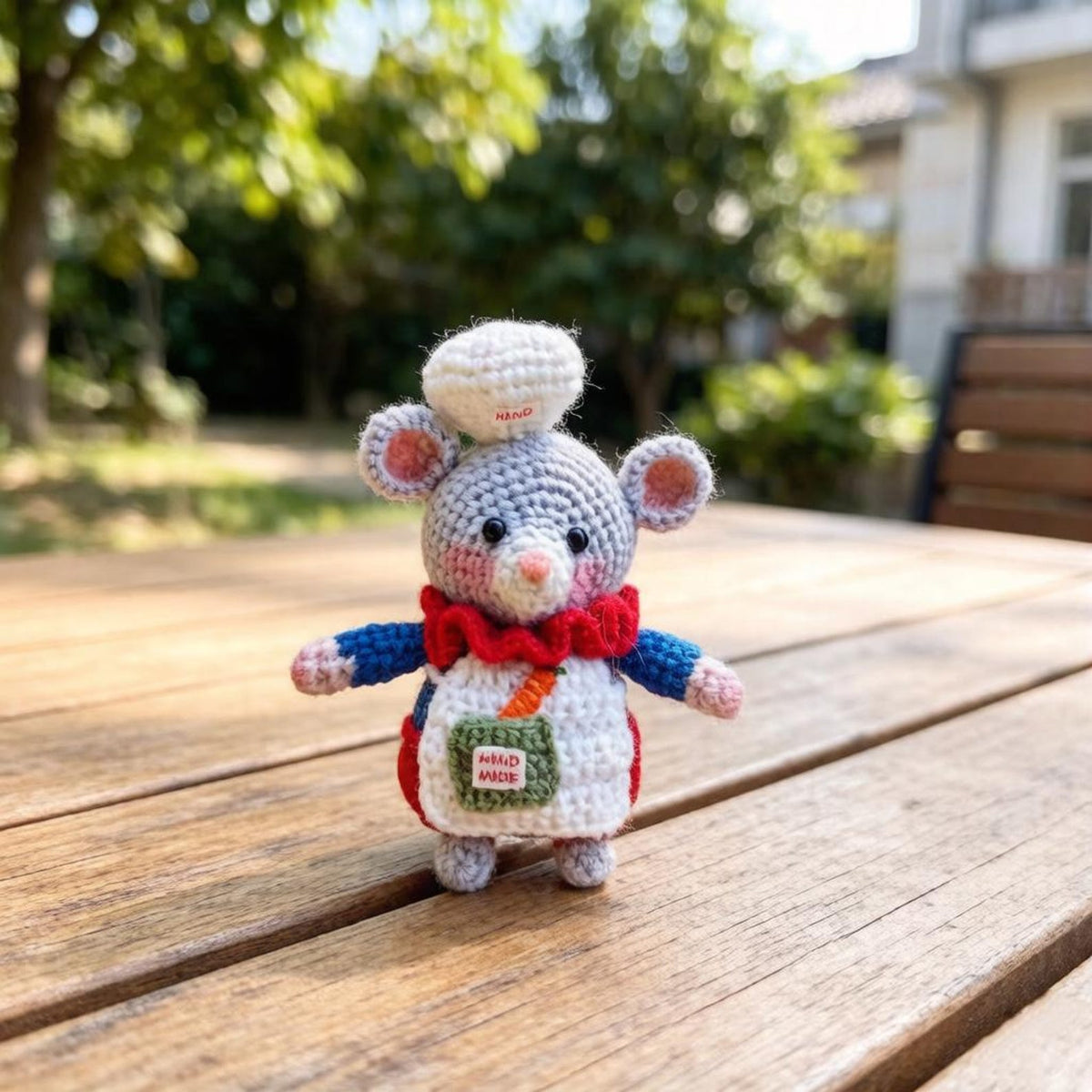 Artisan knit chef rodent sculpted pieces, rucksack hanging trinkets, hobbyist mementos, juvenile souvenirs, Yuletide household accents
