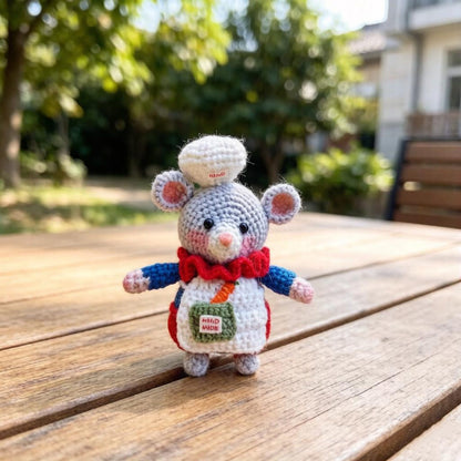Artisan knit chef rodent sculpted pieces, rucksack hanging trinkets, hobbyist mementos, juvenile souvenirs, Yuletide household accents