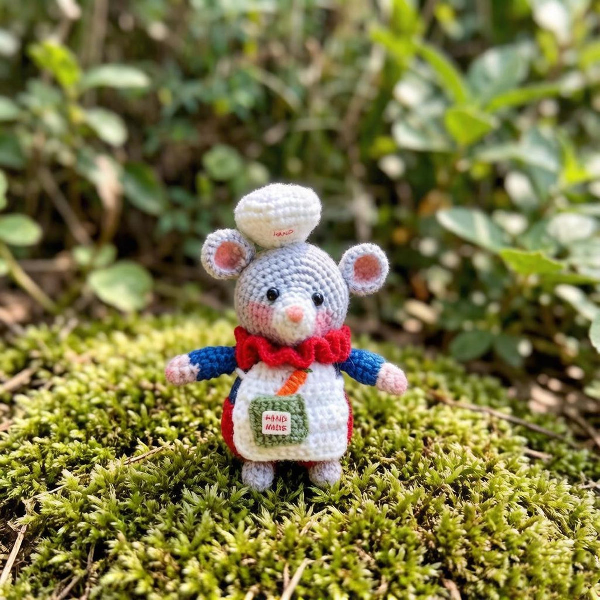 Artisan knit chef rodent sculpted pieces, rucksack hanging trinkets, hobbyist mementos, juvenile souvenirs, Yuletide household accents