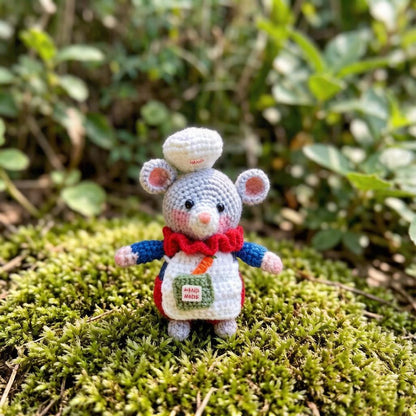 Artisan knit chef rodent sculpted pieces, rucksack hanging trinkets, hobbyist mementos, juvenile souvenirs, Yuletide household accents