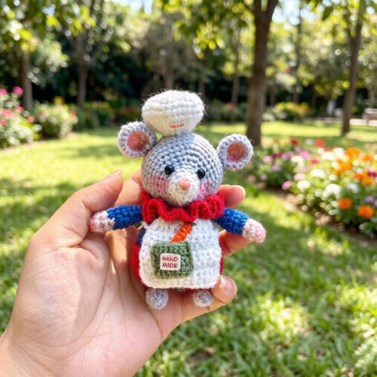 Artisan knit chef rodent sculpted pieces, rucksack hanging trinkets, hobbyist mementos, juvenile souvenirs, Yuletide household accents