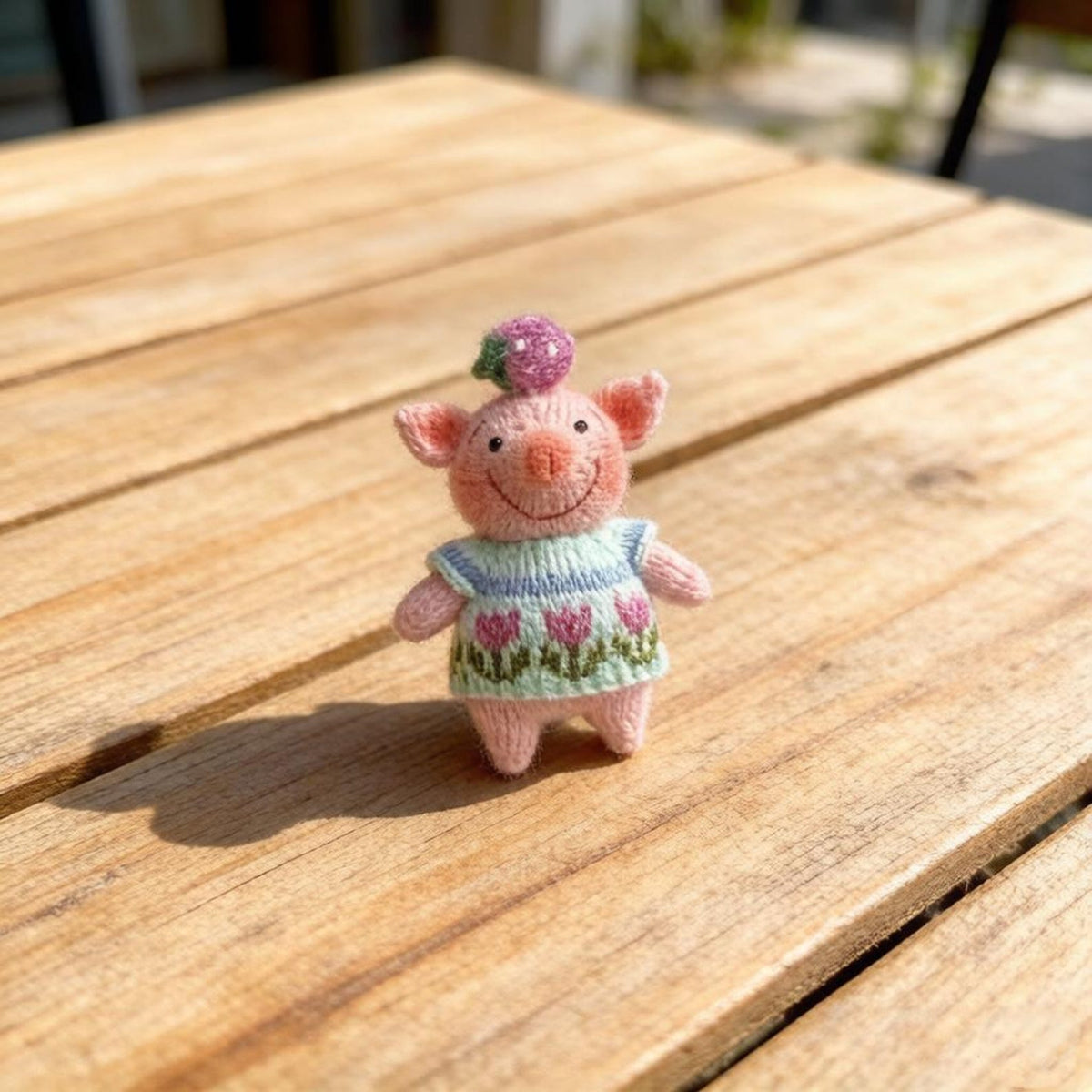 Artisan knit piglet sculpted pieces, yarn crafted statuettes, one-of-a-kind hobbyist souvenirs, household adornments, Yuletide indoor trims