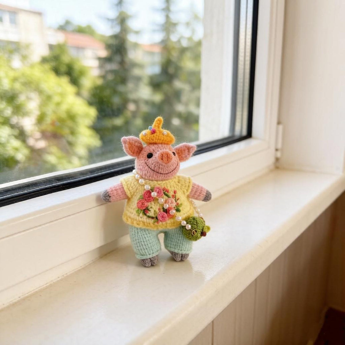 Artisan knit piglet sculpted piece, tabletop adornments, pocket carry figurines, hobbyist display statuettes, Yuletide table accents