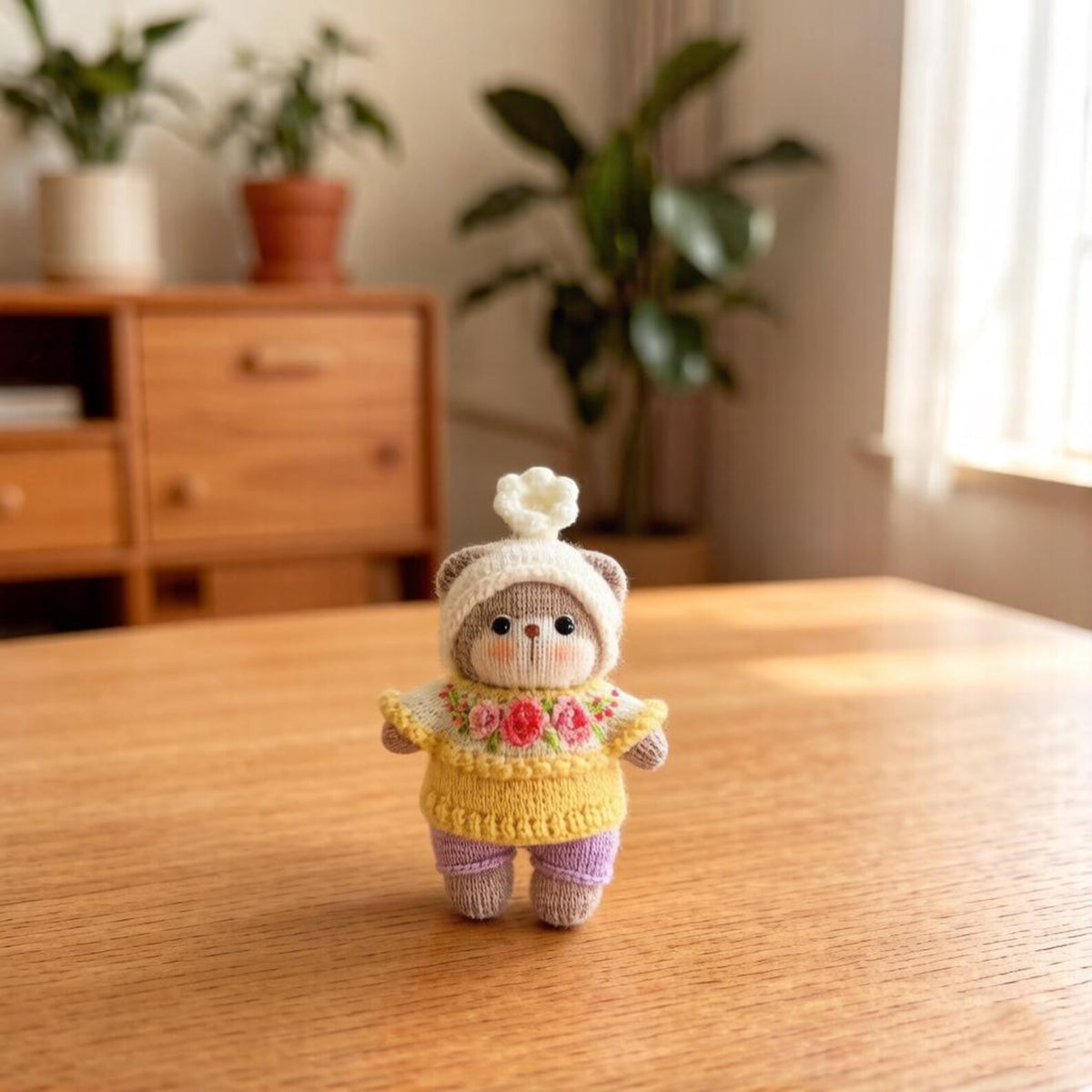 Artisan knit bear sculpted pieces, hanging ornamental charms, tabletop adornments, juvenile gathering souvenirs, Yuletide table accents