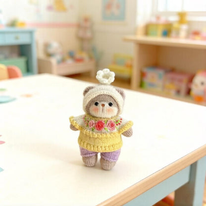 Artisan knit bear sculpted pieces, hanging ornamental charms, tabletop adornments, juvenile gathering souvenirs, Yuletide table accents