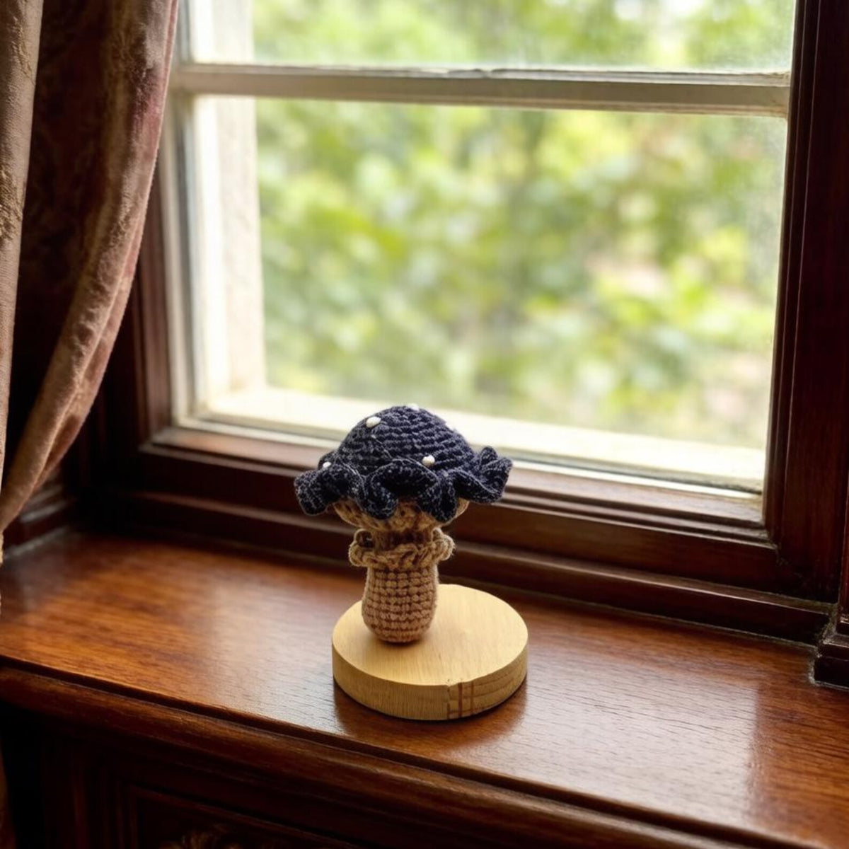 Artisan knit fungus sculptures, imaginative seasonal favors, purse adornments, keyring trinkets, display tokens, Yuletide interior decor