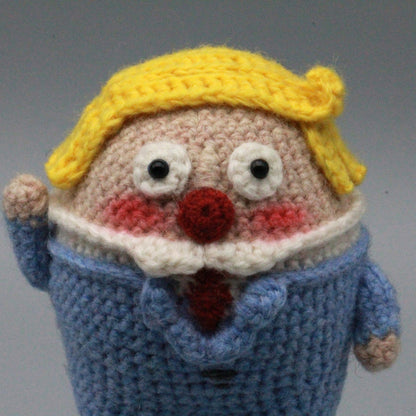 Artisan micro‑crochet Trump statuettes, hanging adornments, purse dangling trinkets, collector display sculptures, Yuletide household decor