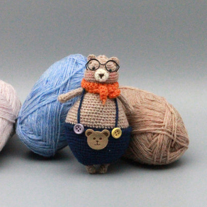 Artisan knit bear figurine, infant gathering adornment, imaginative tabletop accent, hobbyist display statuette, Yuletide nursery trim
