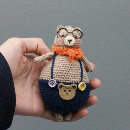 Artisan knit bear figurine, infant gathering adornment, imaginative tabletop accent, hobbyist display statuette, Yuletide nursery trim