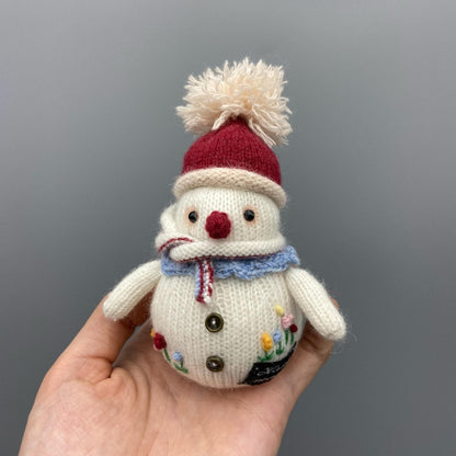 Hand Knit Snowman Sculpture Wool Thread Desktop Embellishment Wintry Seasonal Accent Collector Tokens Christmas Holiday Trinkets