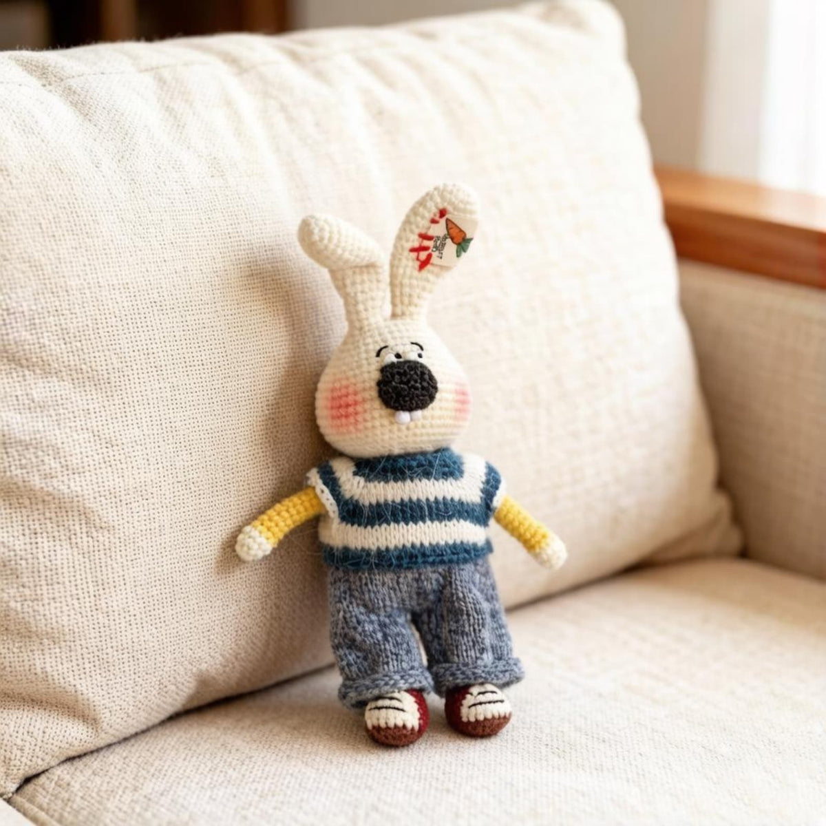 Artisan knit hare sculpture, imaginative juvenile tokens, fiber statuettes, gathering motif mementos, indoor adornment, Yuletide decor
