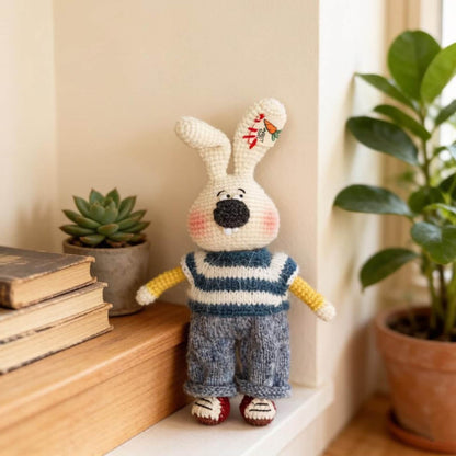 Artisan knit hare sculpture, imaginative juvenile tokens, fiber statuettes, gathering motif mementos, indoor adornment, Yuletide decor