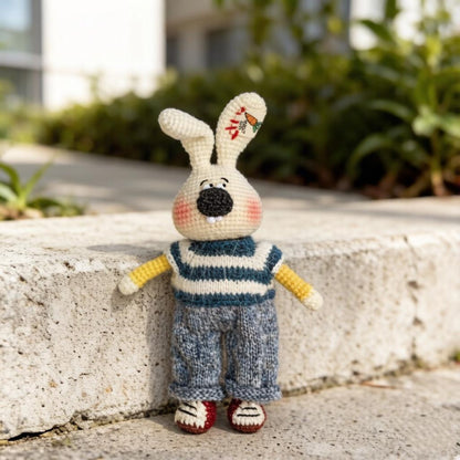 Artisan knit hare sculpture, imaginative juvenile tokens, fiber statuettes, gathering motif mementos, indoor adornment, Yuletide decor