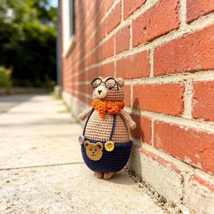 Artisan knit bear figurine, infant gathering adornment, imaginative tabletop accent, hobbyist display statuette, Yuletide nursery trim