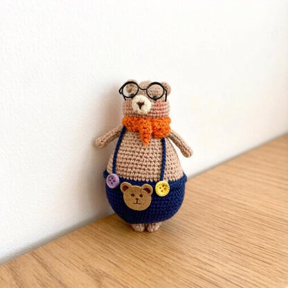 Artisan knit bear figurine, infant gathering adornment, imaginative tabletop accent, hobbyist display statuette, Yuletide nursery trim