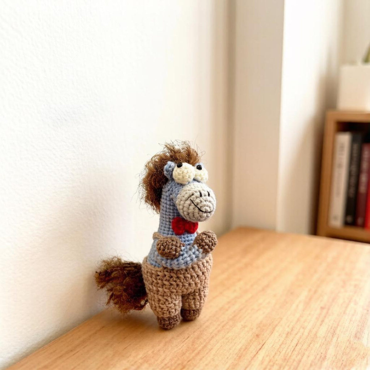 Artisan knit miniature equine sculpted pieces, gathering memorabilia, hobbyist display statues, juvenile mementos, Yuletide desk adornments