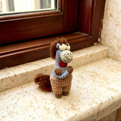 Artisan knit miniature equine sculpted pieces, gathering memorabilia, hobbyist display statues, juvenile mementos, Yuletide desk adornments