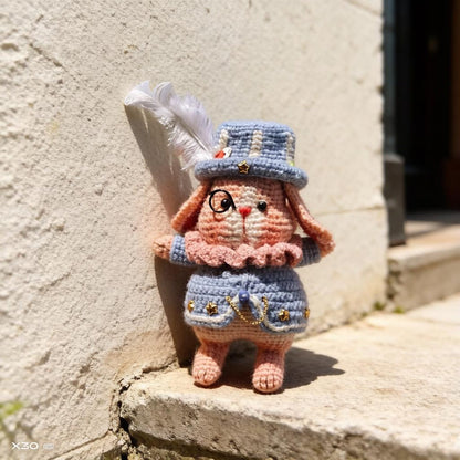 Artisan knit hare sculpted pieces, tabletop adornments, keychain hanging trinkets, imaginative juvenile souvenirs, Yuletide table accents