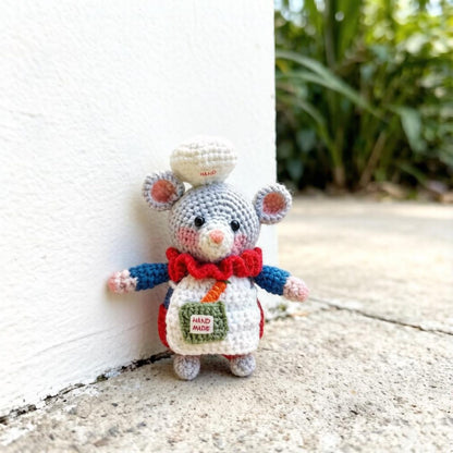Artisan knit chef rodent sculpted pieces, rucksack hanging trinkets, hobbyist mementos, juvenile souvenirs, Yuletide household accents