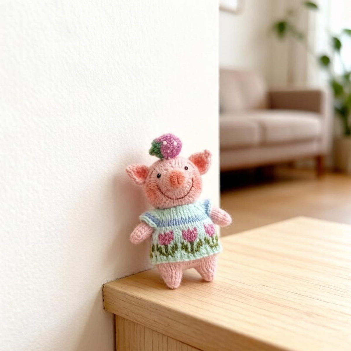 Artisan knit piglet sculpted pieces, yarn crafted statuettes, one-of-a-kind hobbyist souvenirs, household adornments, Yuletide indoor trims