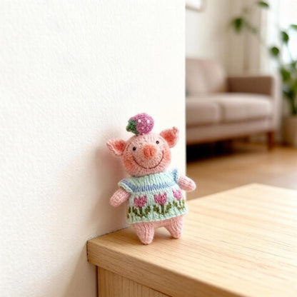 Artisan knit piglet sculpted pieces, yarn crafted statuettes, one-of-a-kind hobbyist souvenirs, household adornments, Yuletide indoor trims