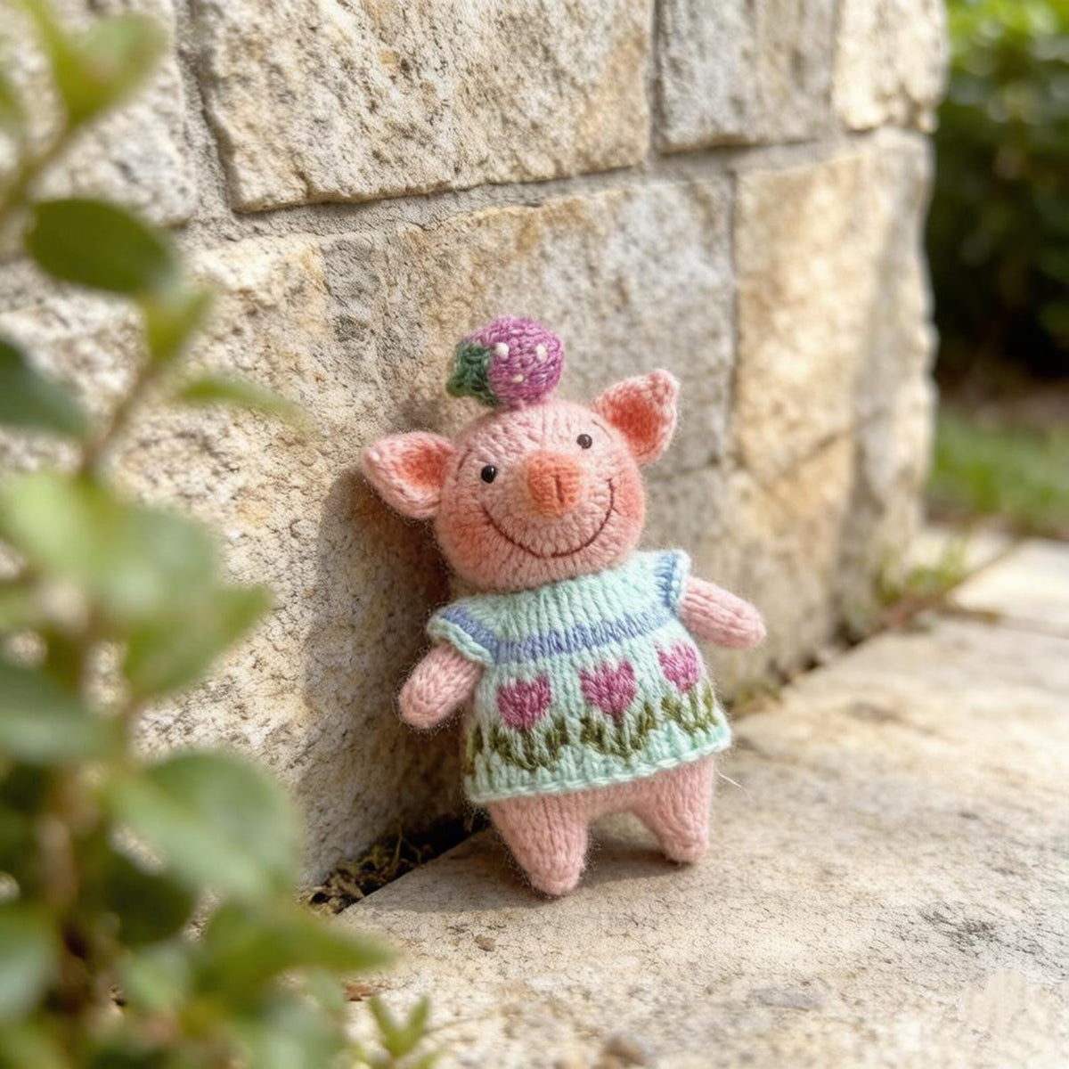 Artisan knit piglet sculpted pieces, yarn crafted statuettes, one-of-a-kind hobbyist souvenirs, household adornments, Yuletide indoor trims
