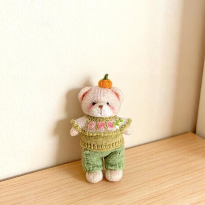 Artisan knit teddy sculpted piece, interior ornamental accent, juvenile companion keepsake, hobbyist collectible figurine Yuletide home trim