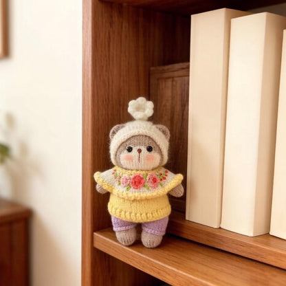 Artisan knit bear sculpted pieces, hanging ornamental charms, tabletop adornments, juvenile gathering souvenirs, Yuletide table accents