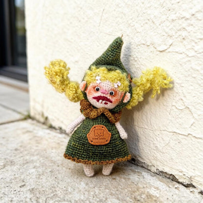 Artisan knit sprite figurines, hobbyist curator treasure, imaginative juvenile token, hanging souvenir, Yuletide display adornment