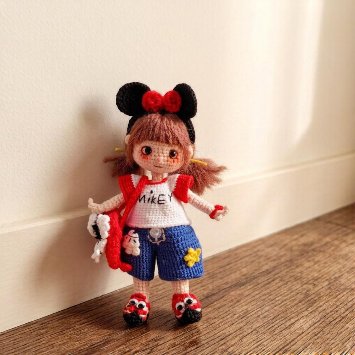 Hand Crochet Mickey Inspired Girl Sculpture Wool Thread Crochet Plaything Celebration Embellishment Desktop Trinkets Christmas Holiday Goods
