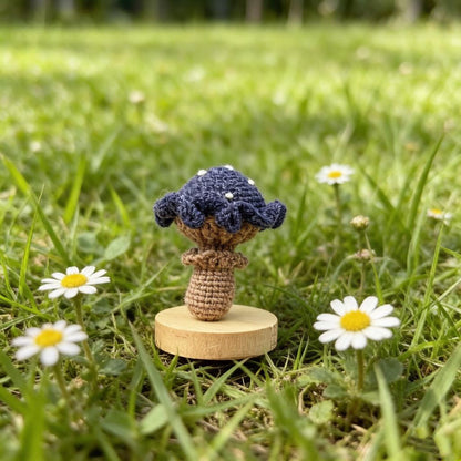 Artisan knit fungus sculptures, imaginative seasonal favors, purse adornments, keyring trinkets, display tokens, Yuletide interior decor