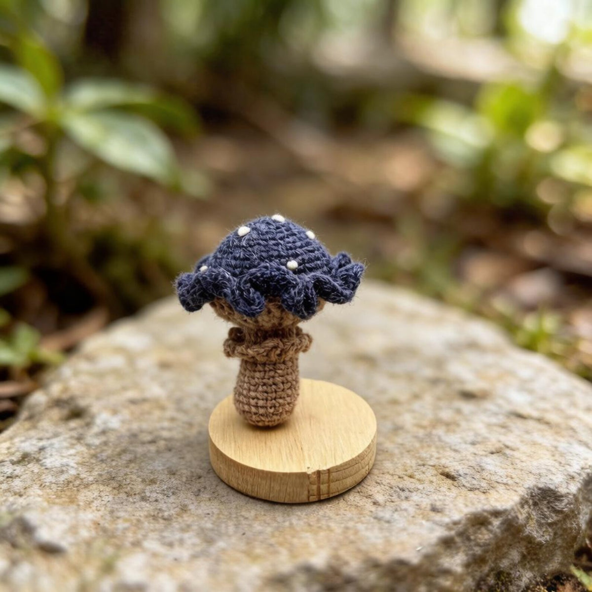 Artisan knit fungus sculptures, imaginative seasonal favors, purse adornments, keyring trinkets, display tokens, Yuletide interior decor