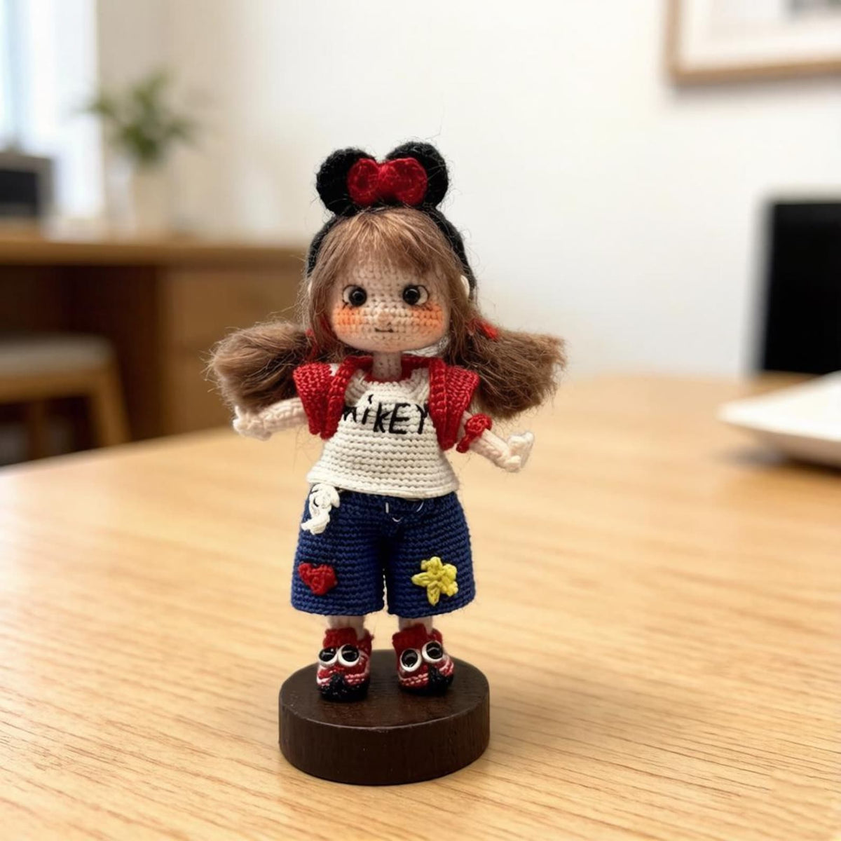 Hand Crochet Mickey Inspired Girl Sculpture Wool Thread Crochet Plaything Celebration Embellishment Desktop Trinkets Christmas Holiday Goods