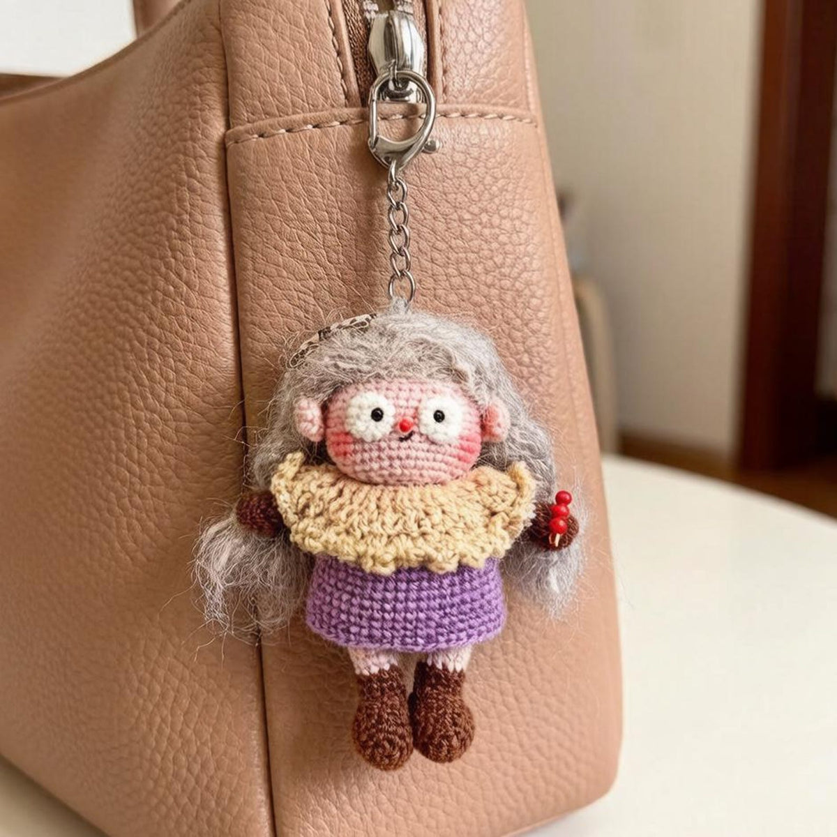 Artisan yarn knit figurine charm, tabletop decorative statuette, purse ornamental trim, everyday carry side piece, Yuletide seasonal decor