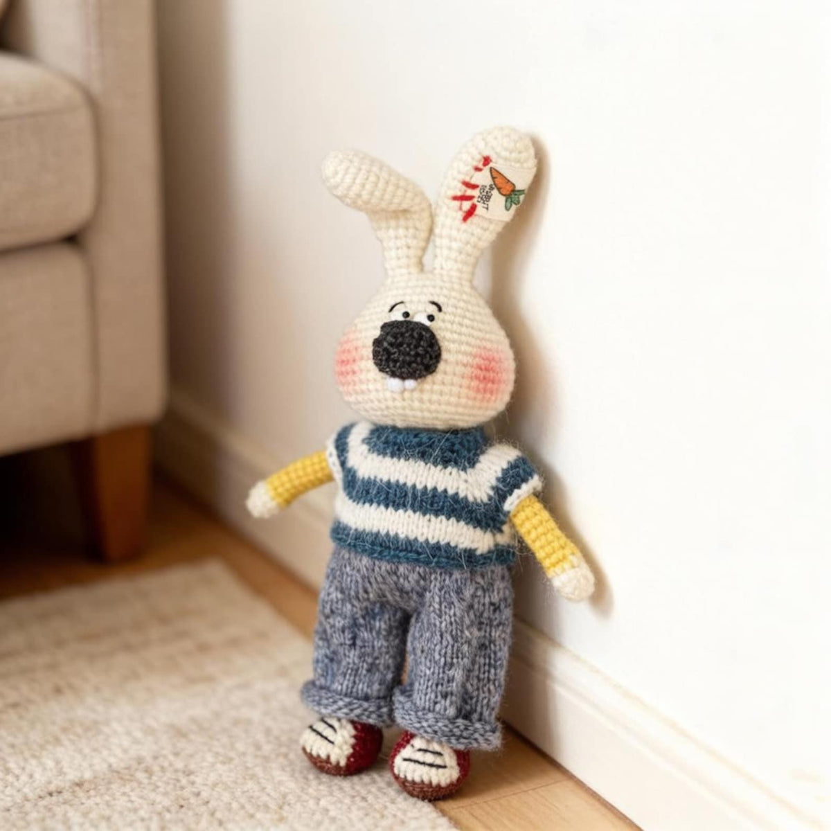 Artisan knit hare sculpture, imaginative juvenile tokens, fiber statuettes, gathering motif mementos, indoor adornment, Yuletide decor