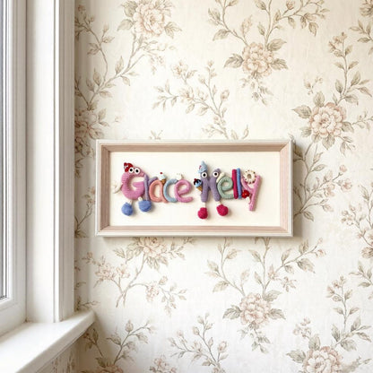 Hand Knit Wool Monogram Silhouettes Bespoke Wall Embellishment Nursery Accent Juvenile Monikers Birthday Tokens Christmas Holiday Goods