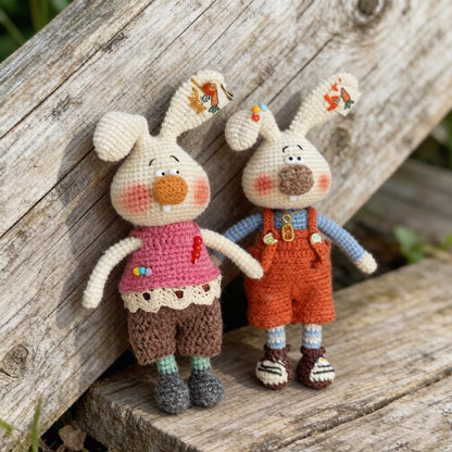 Hand Knit Wool Rabbit Pair Sculptures Rustic Household Embellishments Premium Curios Nuptial Gathering Christmas Holiday Trinkets