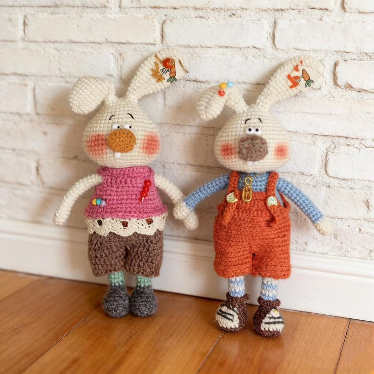 Hand Knit Wool Rabbit Pair Sculptures Rustic Household Embellishments Premium Curios Nuptial Gathering Christmas Holiday Trinkets