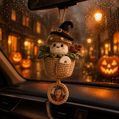 Personalized Crochet Halloween Car Hanging, Custom Photo Car Ornament, Car Air Freshener, Scent Tablet Holder, Cute Car Accessories