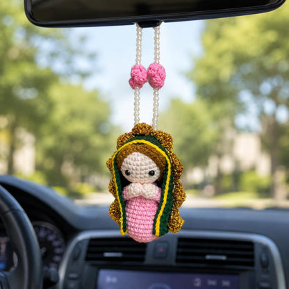 Crochet Virgin Mary Car Charm – Handmade Our Lady Rearview Mirror Ornament Catholic Decor