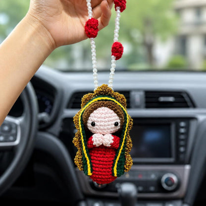 Crochet Virgin Mary Car Charm – Handmade Our Lady Rearview Mirror Ornament Catholic Decor