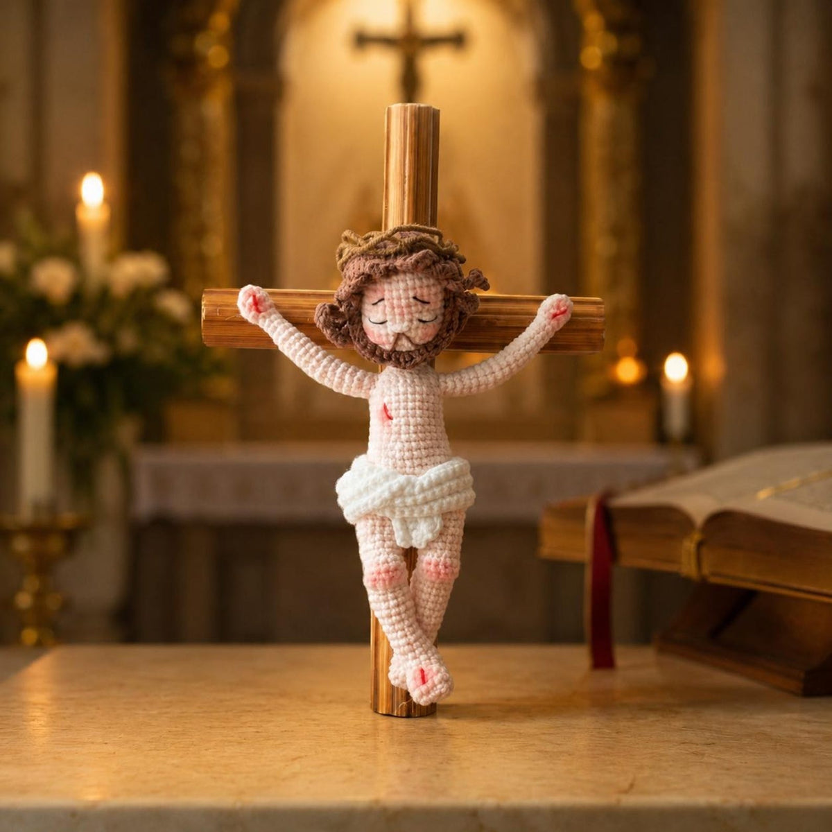 Handmade Crochet Jesus on the Cross - Amigurumi Crucifix Catholic Figurine Religious Home Altar Decor