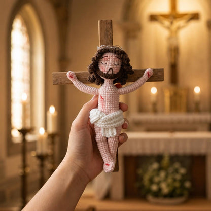 Handmade Crochet Jesus on the Cross - Amigurumi Crucifix Catholic Figurine Religious Home Altar Decor