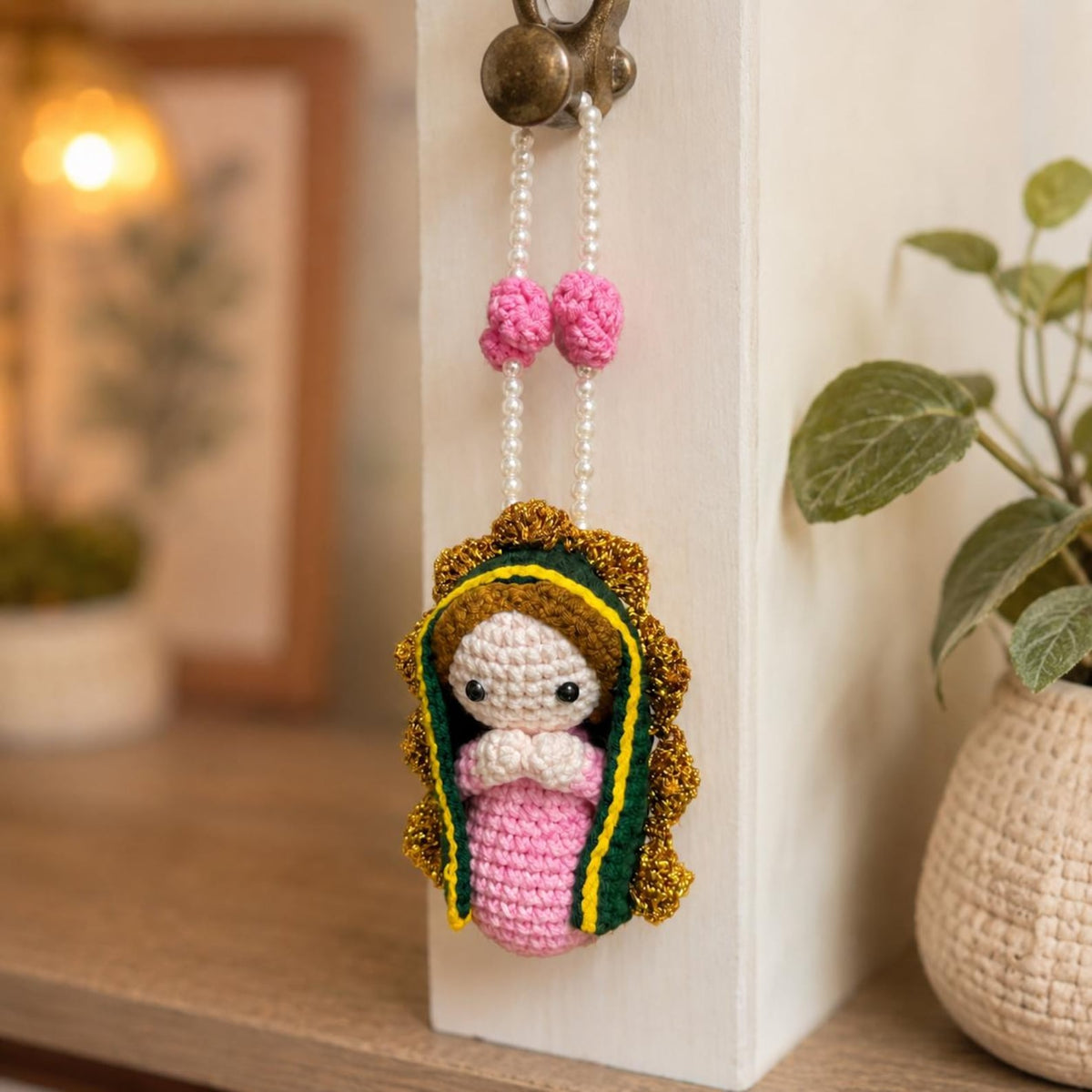Crochet Virgin Mary Car Hanging Charm - Handmade Our Lady Rearview Mirror Ornament Catholic Car Decor