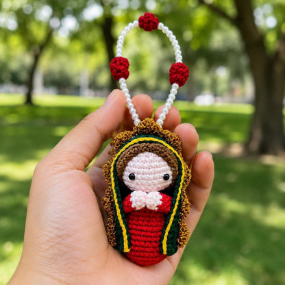 Crochet Virgin Mary Car Hanging Charm - Handmade Our Lady Rearview Mirror Ornament Catholic Car Decor